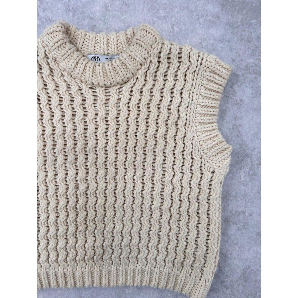 Zara Women Cream Chunky Cable Knit Sweater Vest Sleeveless Crew Neck Beige  SZ M